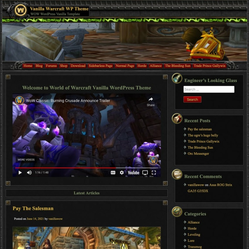 world of Warcraft vanilla Wordpress theme